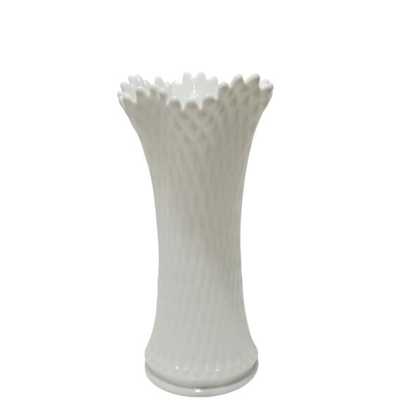Westmoreland White Milk Glass Vintage Diamond Quilted Ruffled 12" Swung Vase - Picture 1 of 13